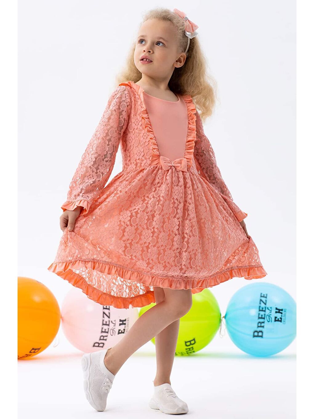 Pembe Kız Çocuk Uzun Kollu Elbise Dantelli Fiyonklu Somon (2-5 Yaş)-2