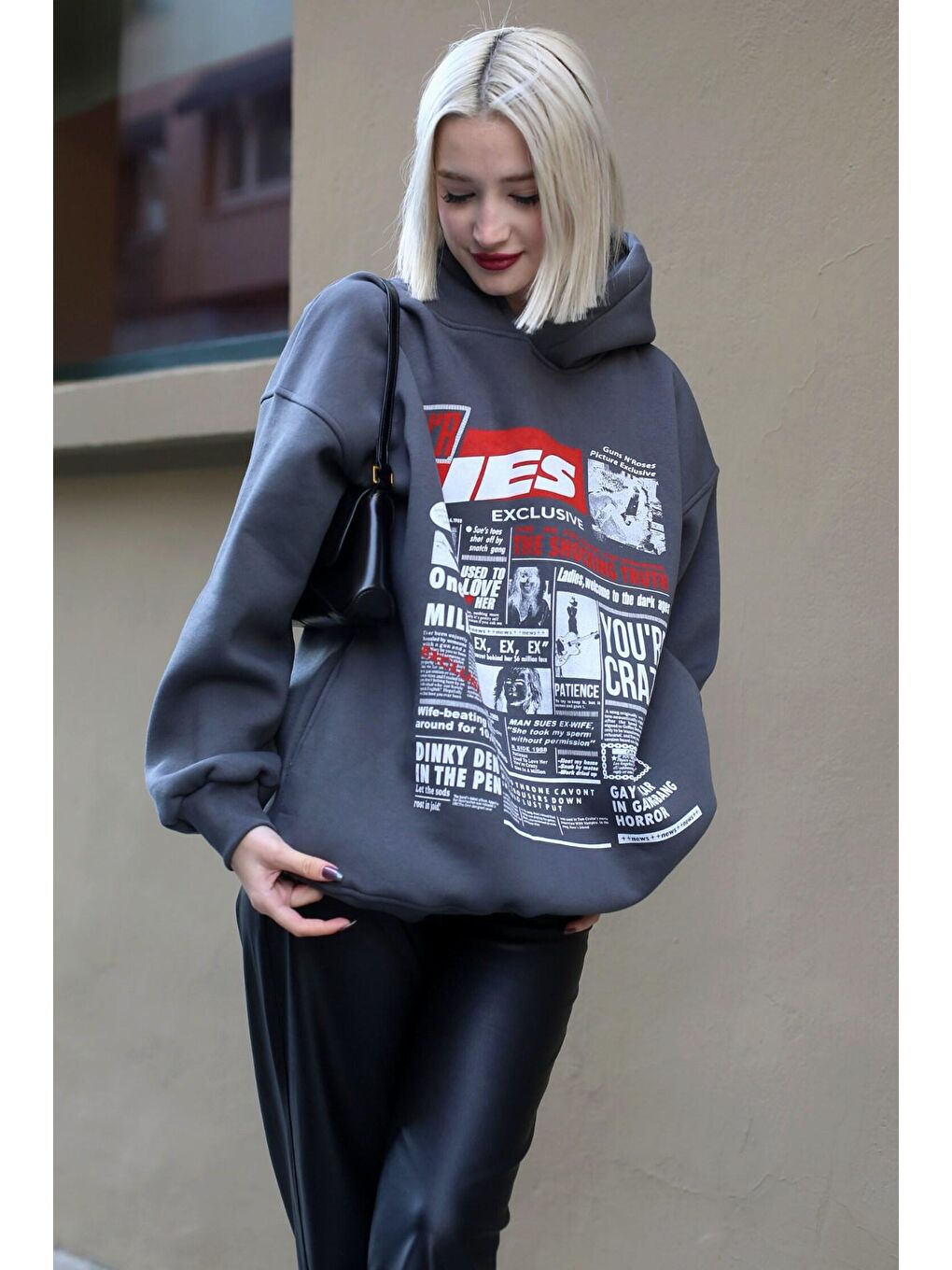 Madmext Antrasit Baskılı Oversize Kapüşonlu  Kadın Sweatshirt MG1581