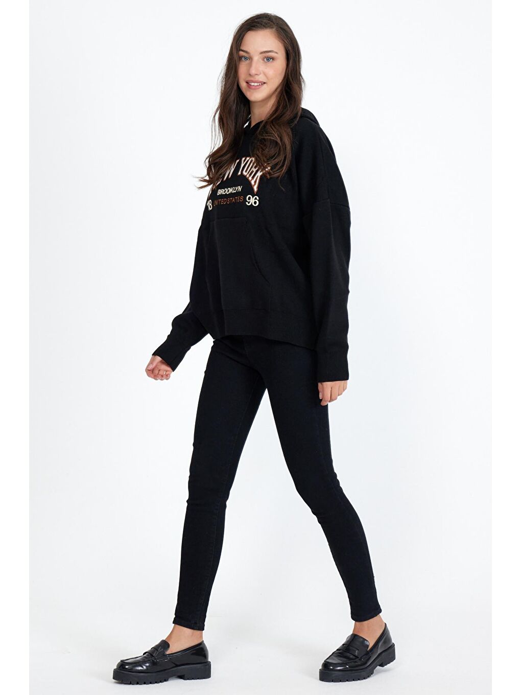 Siyah Kadın  Newyork Yazılı Sweat Kazak-3