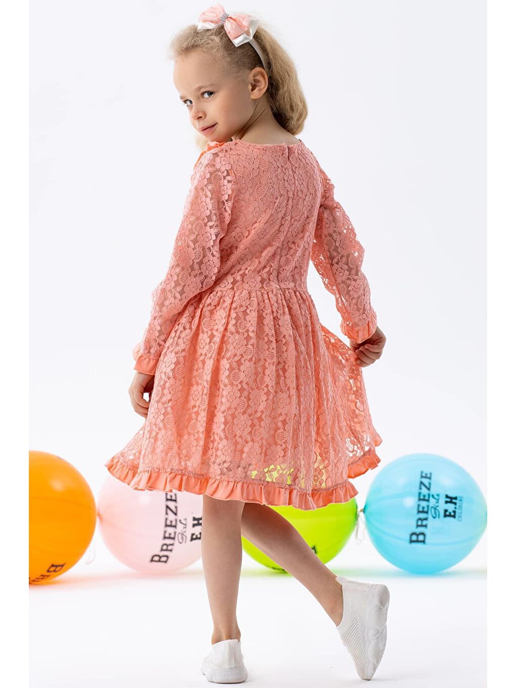 Pembe Kız Çocuk Uzun Kollu Elbise Dantelli Fiyonklu Somon (2-5 Yaş)