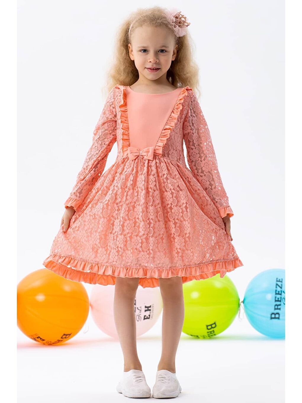 Pembe Kız Çocuk Uzun Kollu Elbise Dantelli Fiyonklu Somon (2-5 Yaş)-3