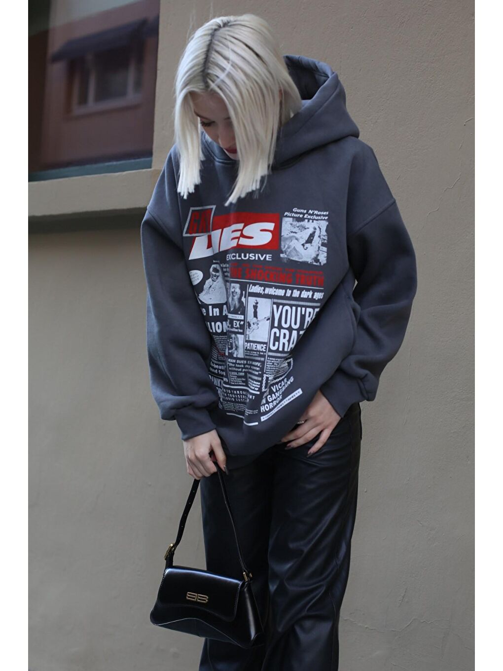 Madmext Antrasit Baskılı Oversize Kapüşonlu  Kadın Sweatshirt MG1581 - 3