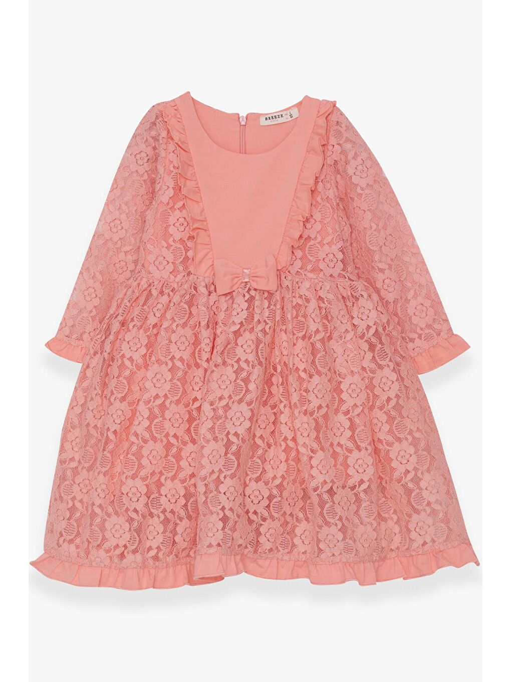 Pembe Kız Çocuk Uzun Kollu Elbise Dantelli Fiyonklu Somon (2-5 Yaş)-1