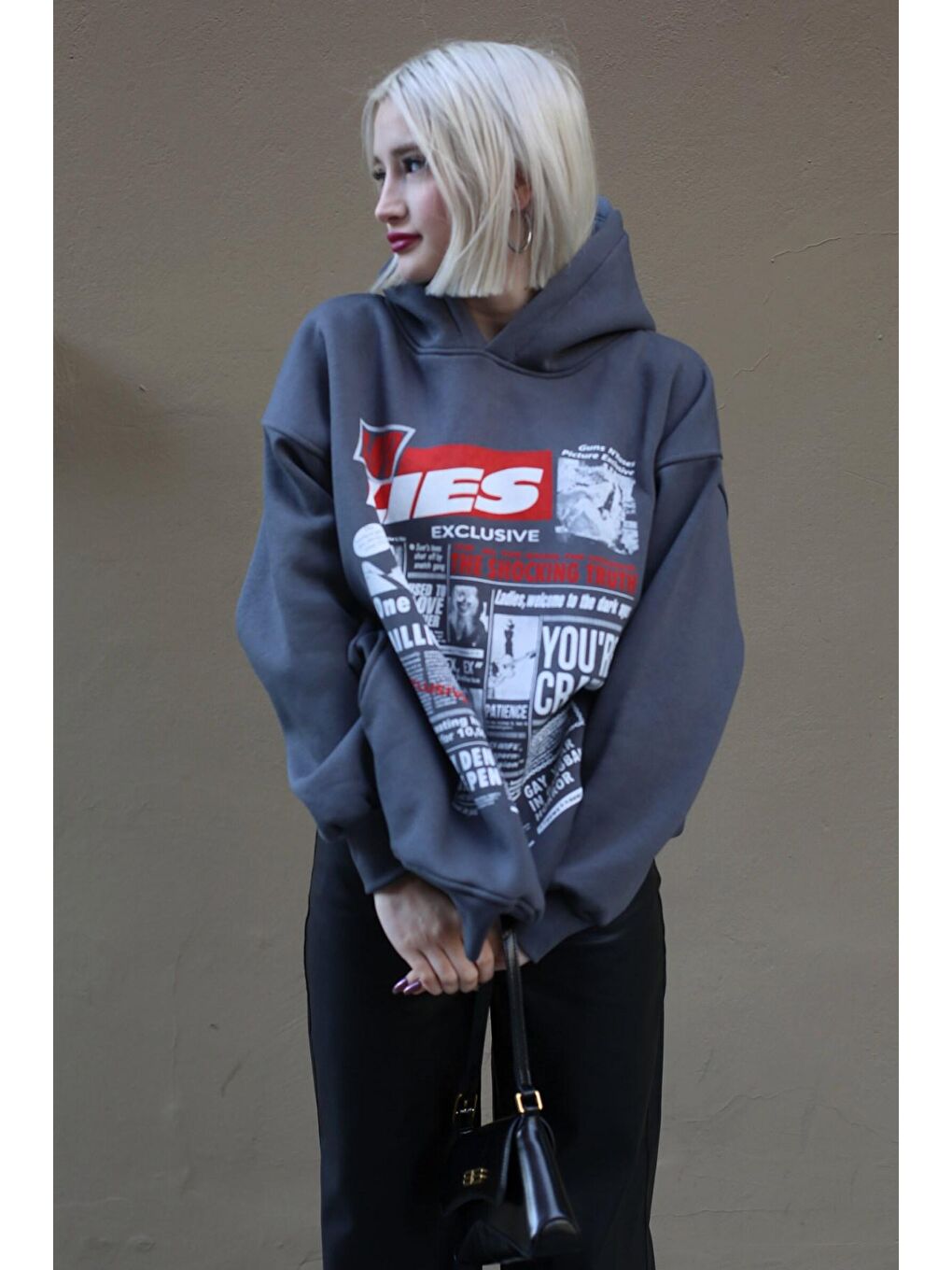 Madmext Antrasit Baskılı Oversize Kapüşonlu  Kadın Sweatshirt MG1581 - 4