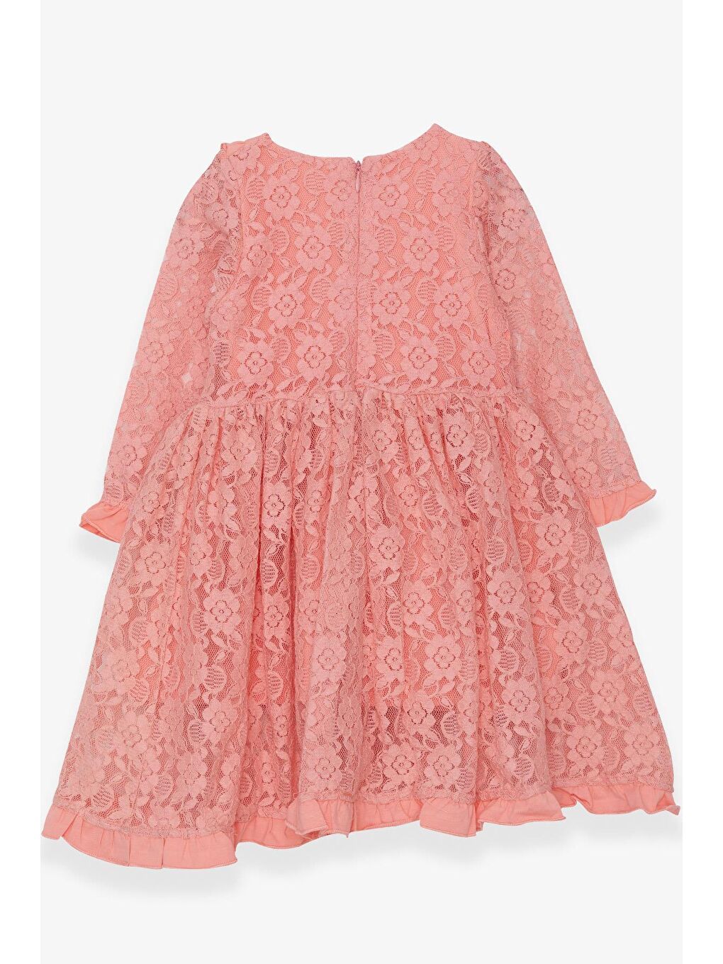 Pembe Kız Çocuk Uzun Kollu Elbise Dantelli Fiyonklu Somon (2-5 Yaş)-4