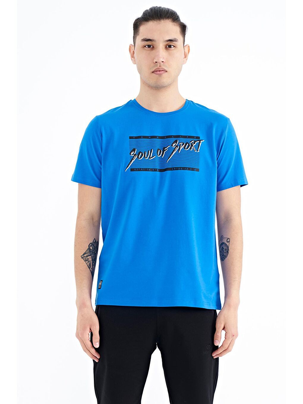 TOMMYLIFE Mavi Saks Yazı Desen Baskılı Standart Kalıp O Yaka Erkek T-Shirt - 88172