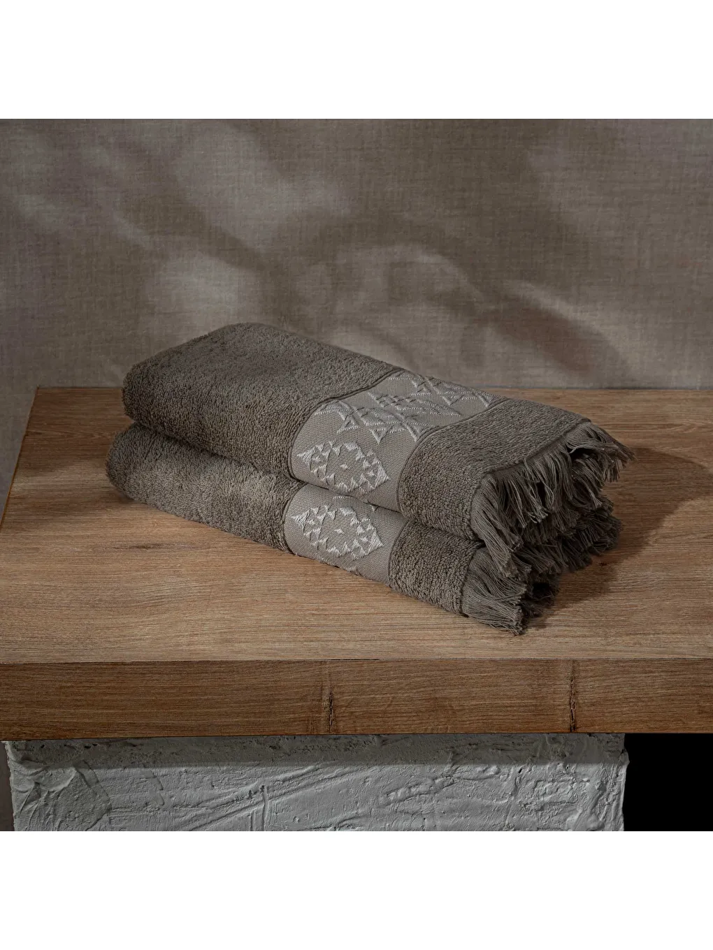 Hereke 2'li El Yüz Havlusu Seti %100 Pamuk Jakarlı Koyu Bej 50x80 Cm-2