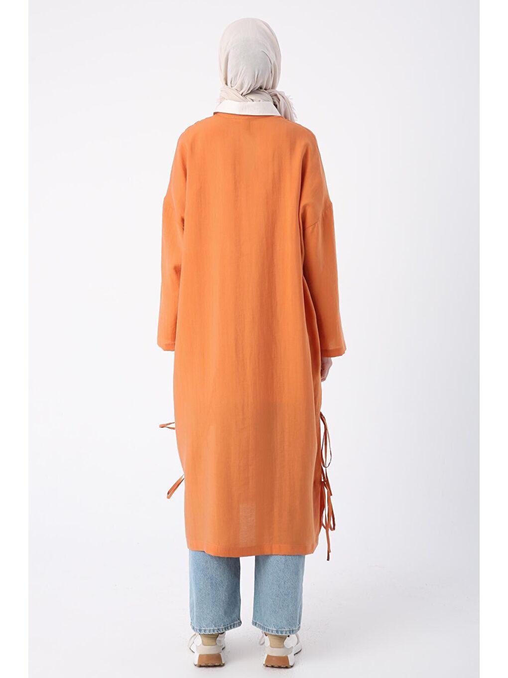 Kahverengi Tarçın Hakim Yaka Bağcıklı Yanları Yırtmaçlı Yazlık Ferace-2