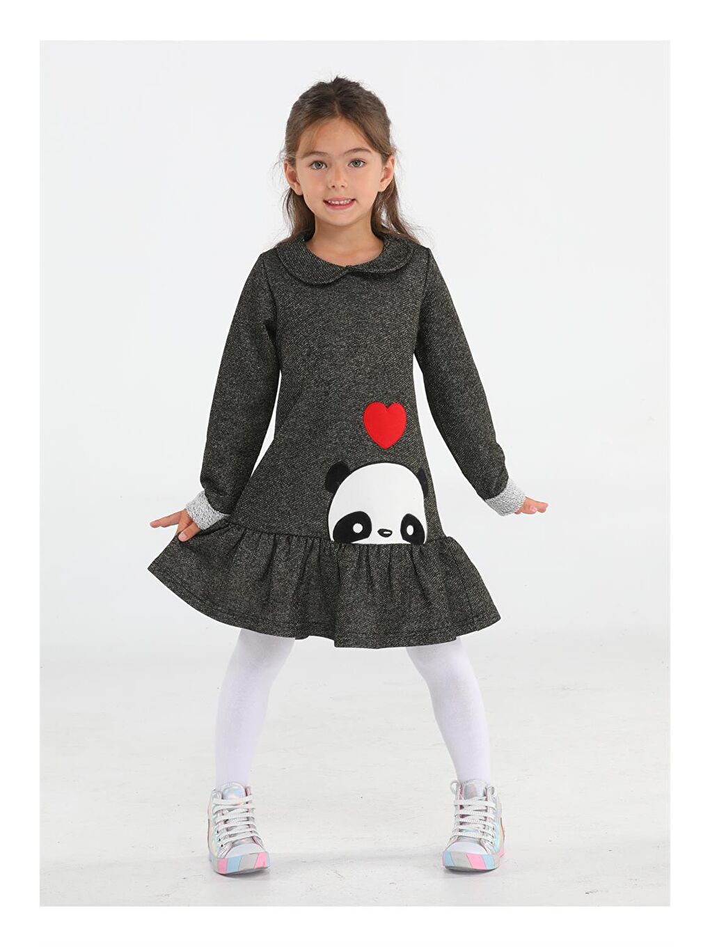 Antrasit Panda Gold Simli Kız Elbise