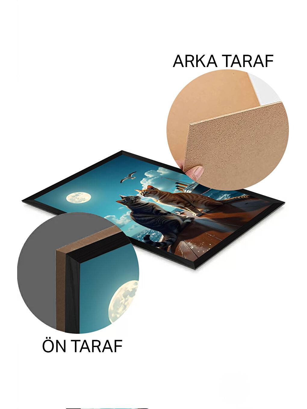 Beyaz Tek Parça Siyah Çerçeve Görünümlü Kedi Baskılı MDF 20x30 cm Tablo - Model 1-1