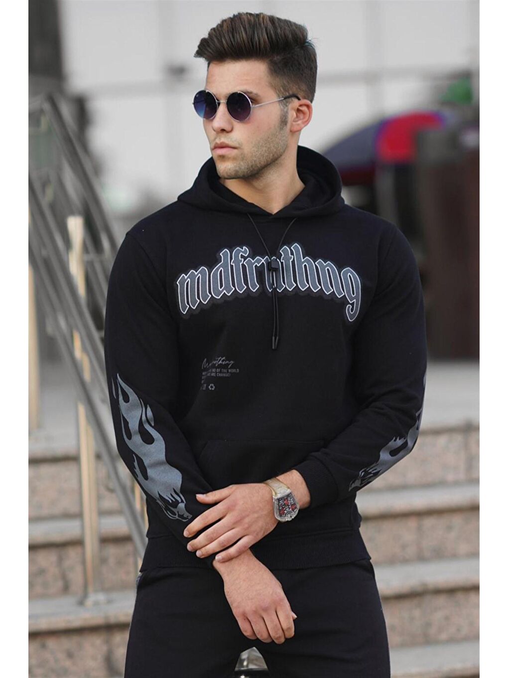 Siyah Baskılı Erkek Kapüşonlu Sweatshirt 5312