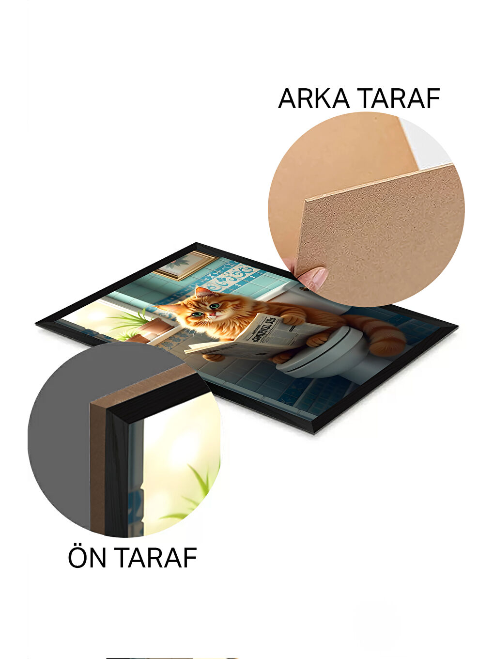 Beyaz Tek Parça Siyah Çerçeve Görünümlü Kedi Baskılı MDF 20x30 cm Tablo - Model 10-1