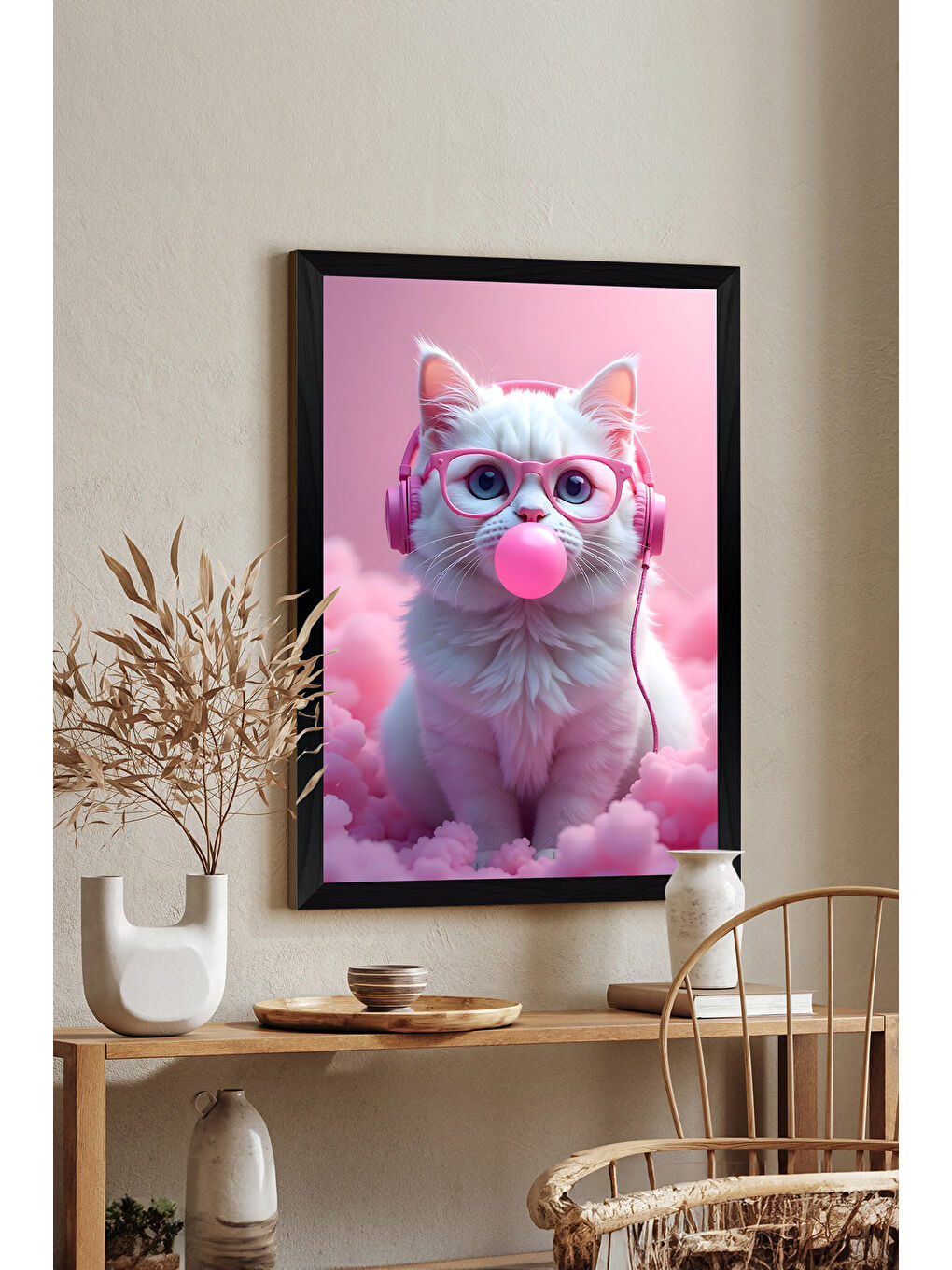 Beyaz Tek Parça Siyah Çerçeve Görünümlü Kedi Baskılı MDF 20x30 cm Tablo - Model 12