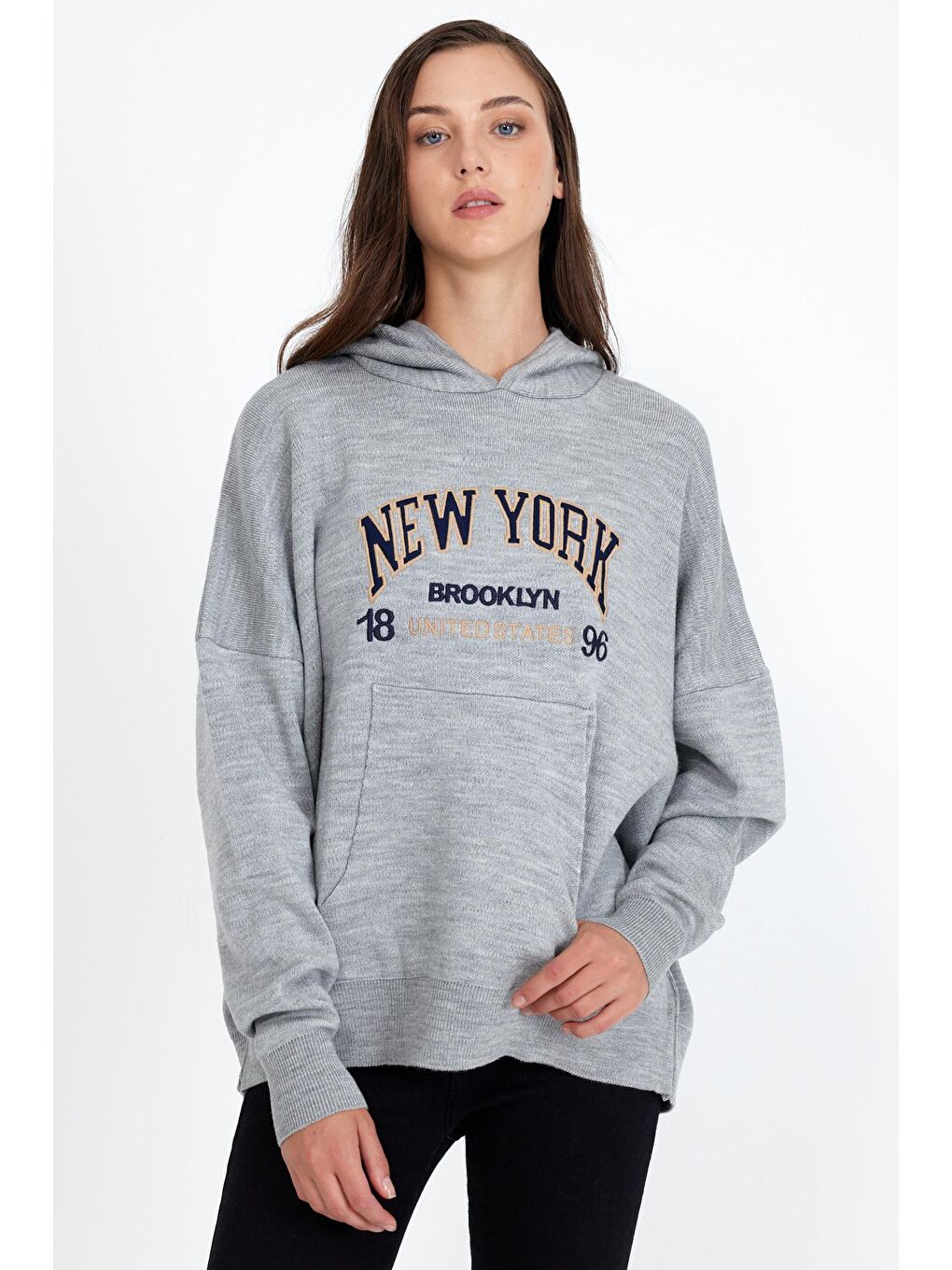 Gri Kadın  Newyork Yazılı Sweat Kazak-2