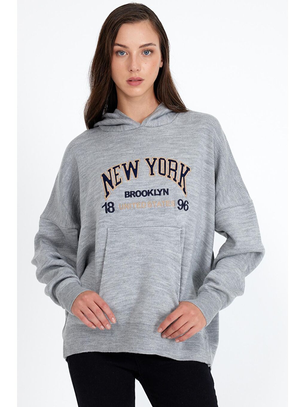 Gri Kadın  Newyork Yazılı Sweat Kazak-3