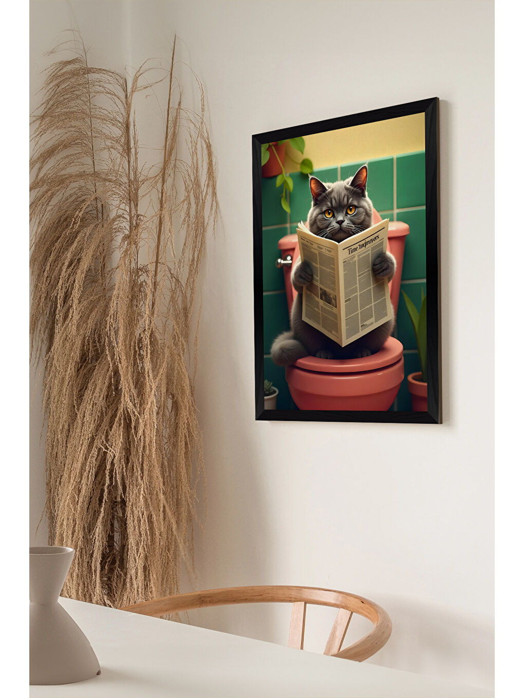 Beyaz Tek Parça Siyah Çerçeve Görünümlü Kedi Baskılı MDF 20x30 cm Tablo - Model 16