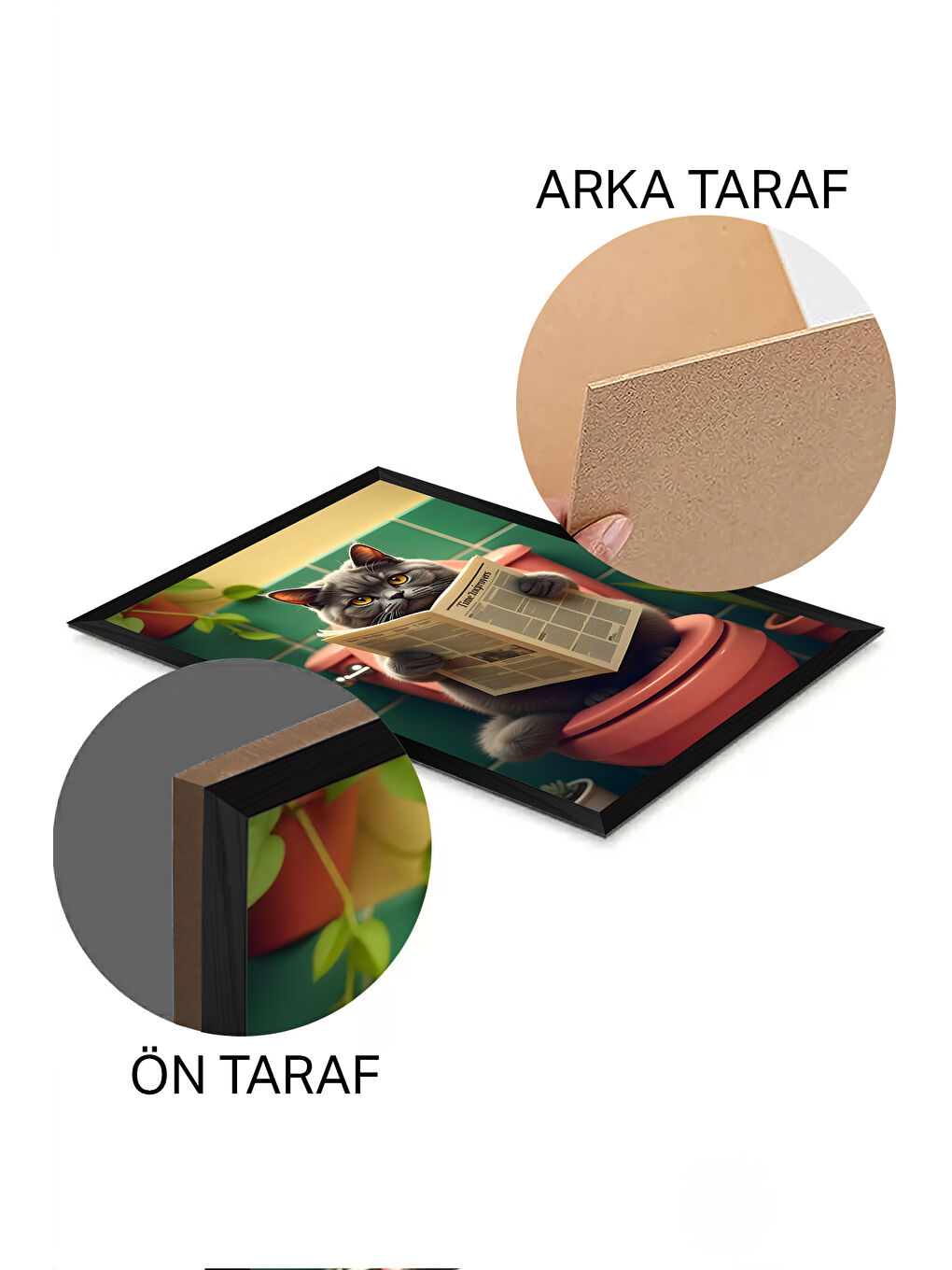 Beyaz Tek Parça Siyah Çerçeve Görünümlü Kedi Baskılı MDF 20x30 cm Tablo - Model 16-1