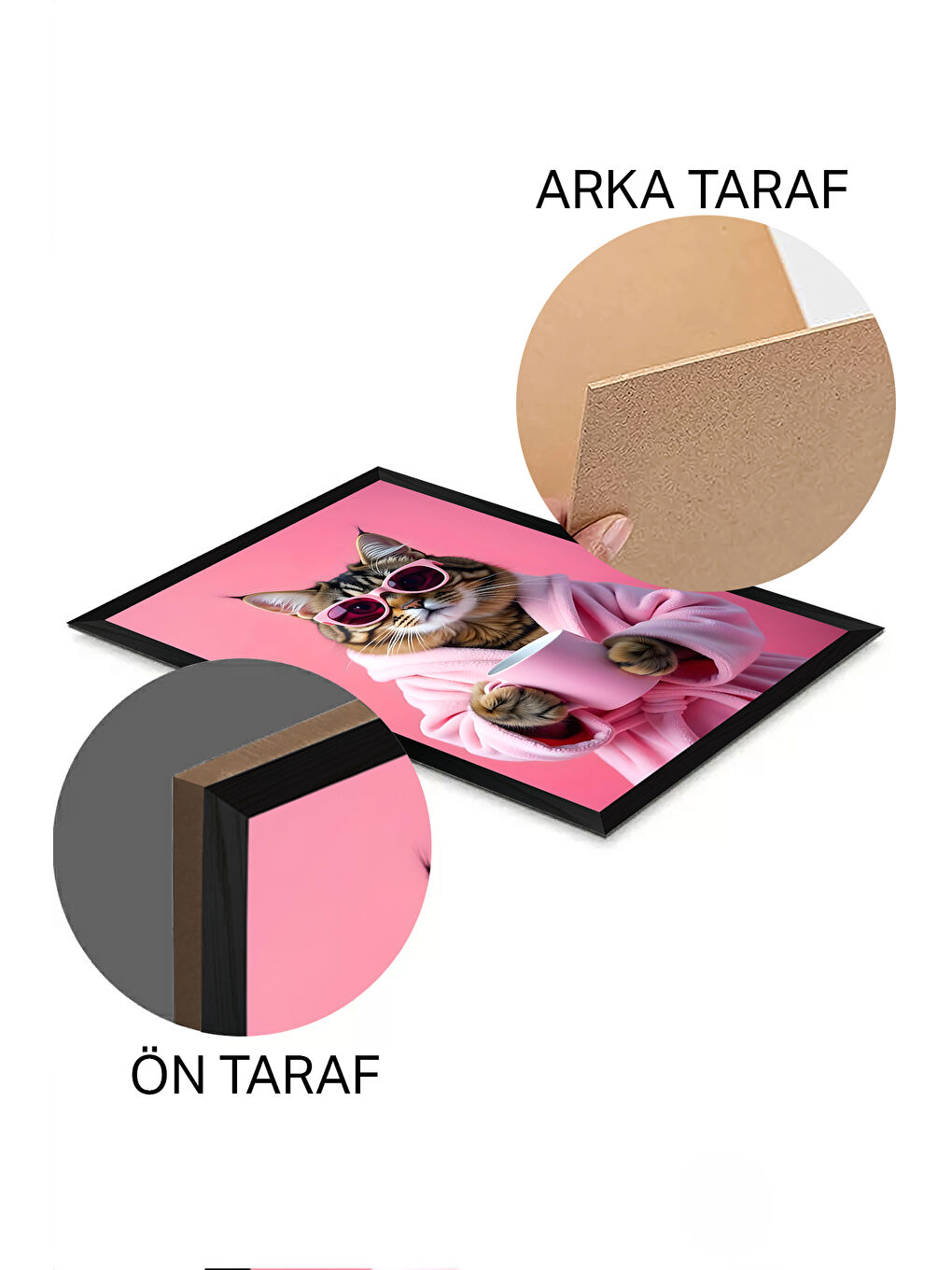 Beyaz Tek Parça Siyah Çerçeve Görünümlü Kedi Baskılı MDF 20x30 cm Tablo - Model 17-1