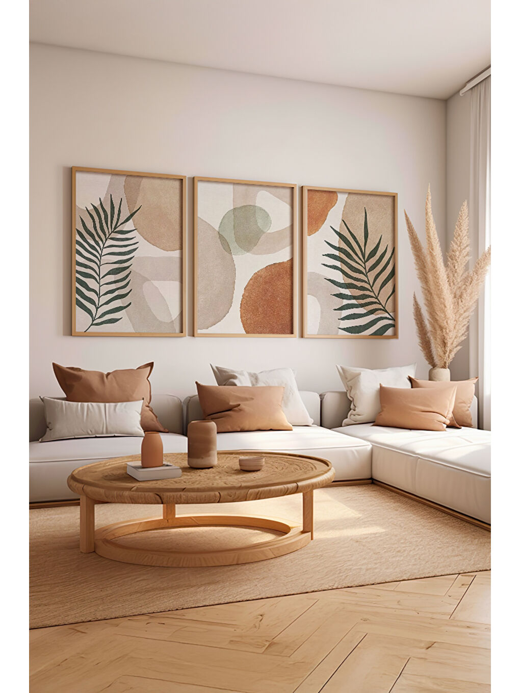 Beyaz 3 Parça Ham Renk Gerçek Ahşap Çerçeveli Tablo Seti - Model 10 - 50 x 70