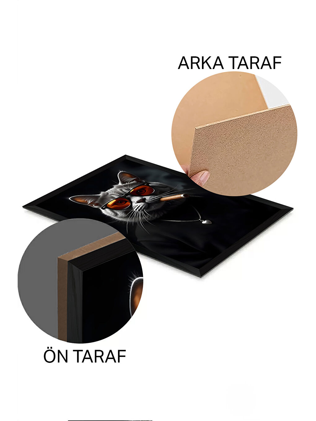 Beyaz Tek Parça Siyah Çerçeve Görünümlü Kedi Baskılı MDF 20x30 cm Tablo - Model 2-1