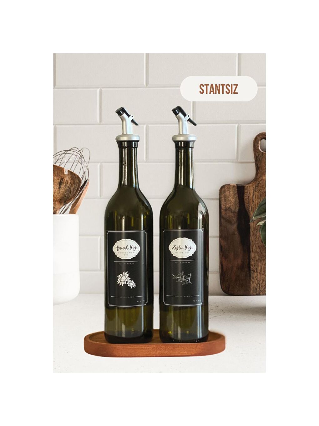 Yeşil Stantsız Amber 2'li 750 ml Zeytinyağı Sıvıyağ Şişesi Damlatmaz Yağdanlık Yağlık Siyah Etiketli