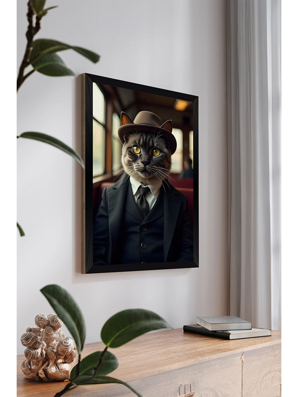 Beyaz Tek Parça Siyah Çerçeve Görünümlü Kedi Baskılı MDF 20x30 cm Tablo - Model 20