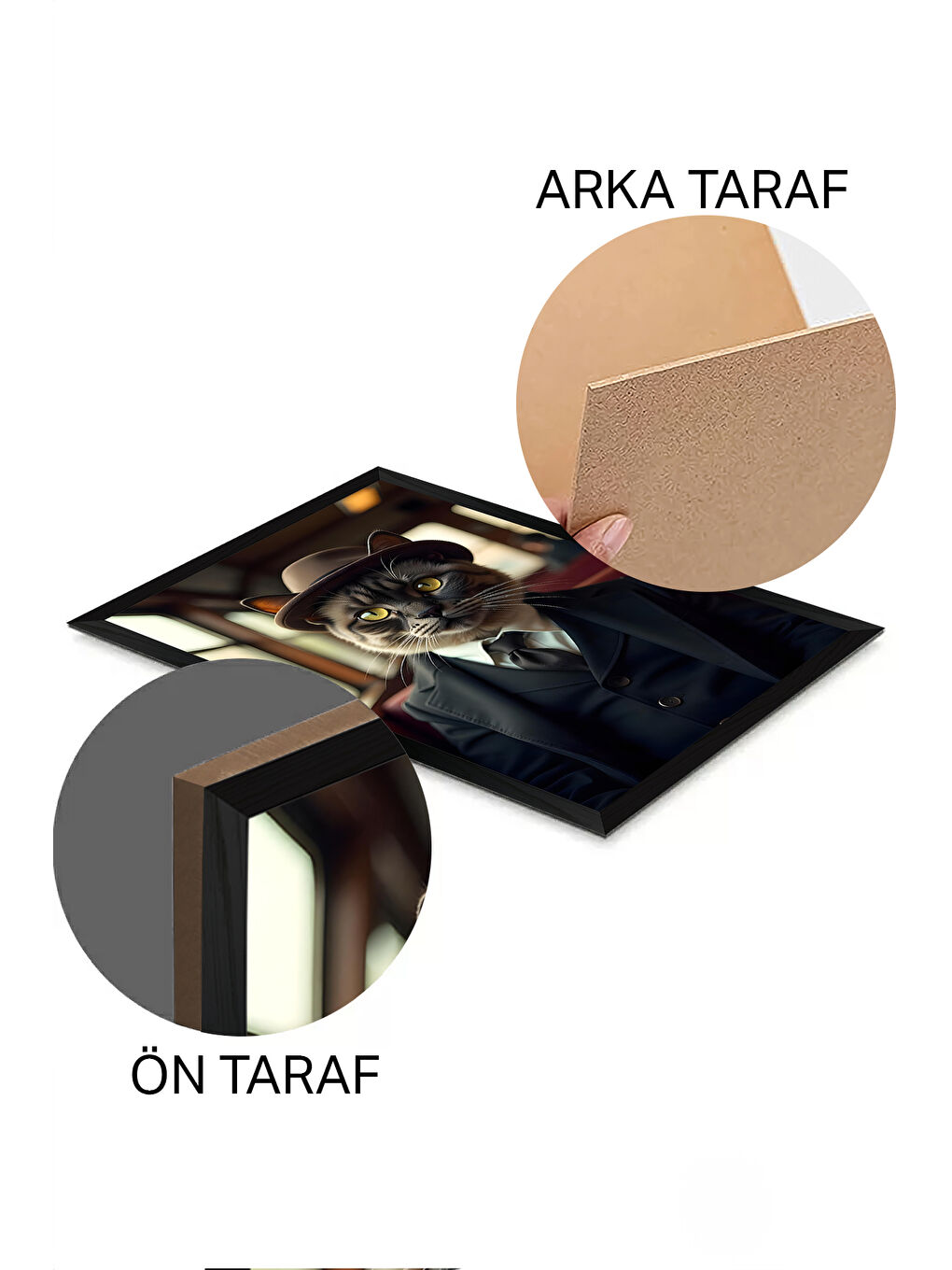 Beyaz Tek Parça Siyah Çerçeve Görünümlü Kedi Baskılı MDF 20x30 cm Tablo - Model 20-1