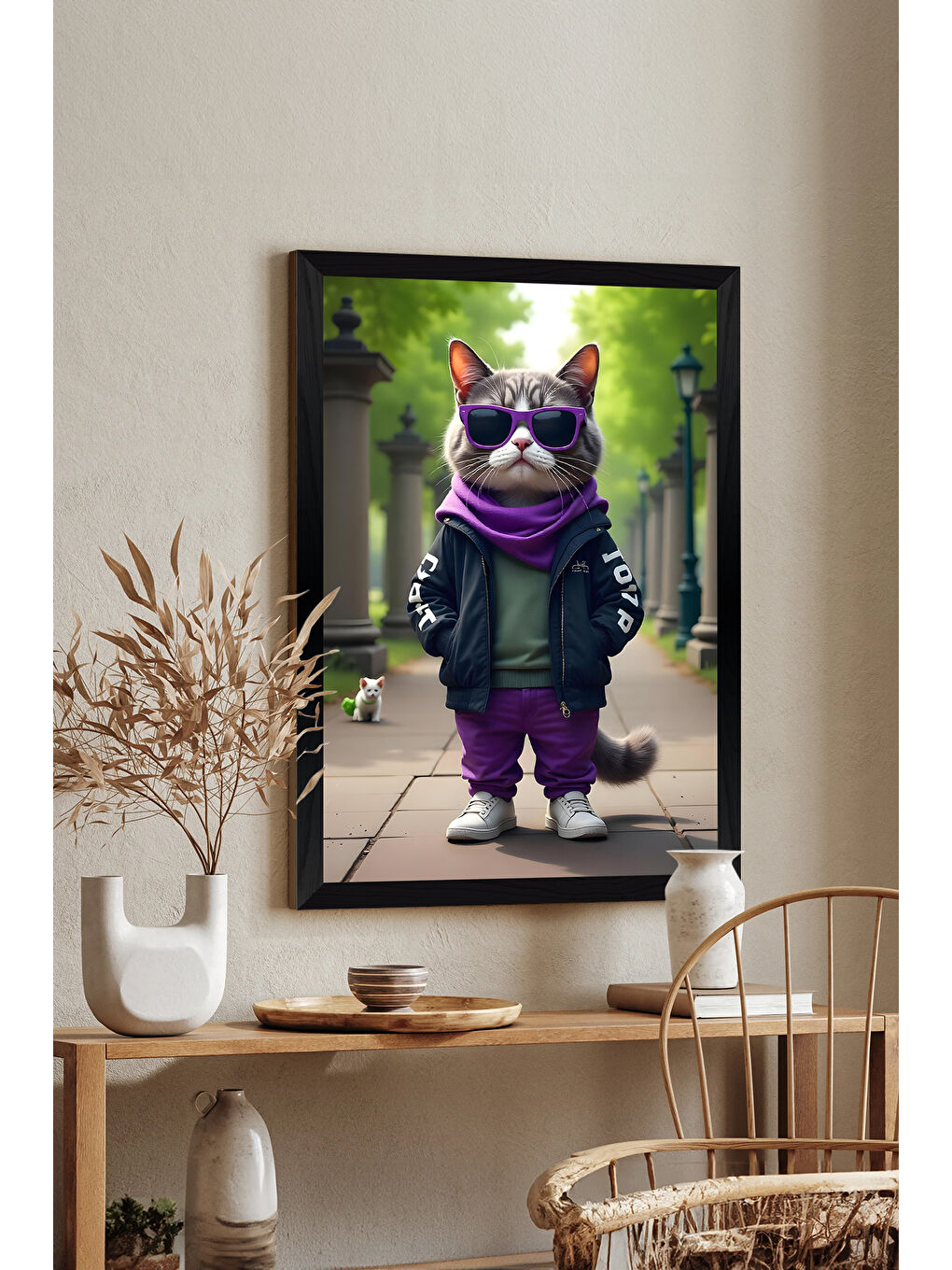 Beyaz Tek Parça Siyah Çerçeve Görünümlü Kedi Baskılı MDF 20x30 cm Tablo - Model 21