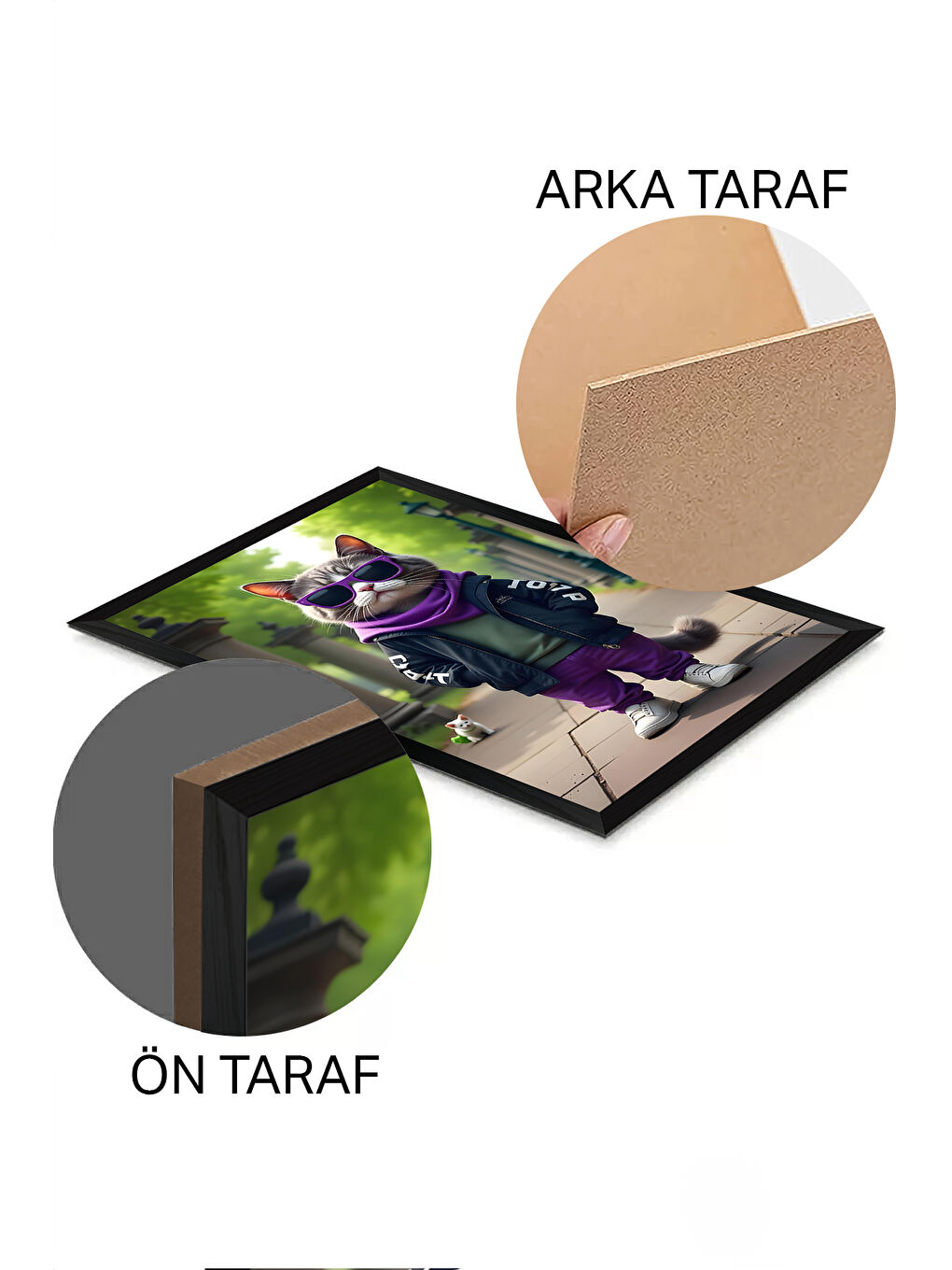 Beyaz Tek Parça Siyah Çerçeve Görünümlü Kedi Baskılı MDF 20x30 cm Tablo - Model 21-1