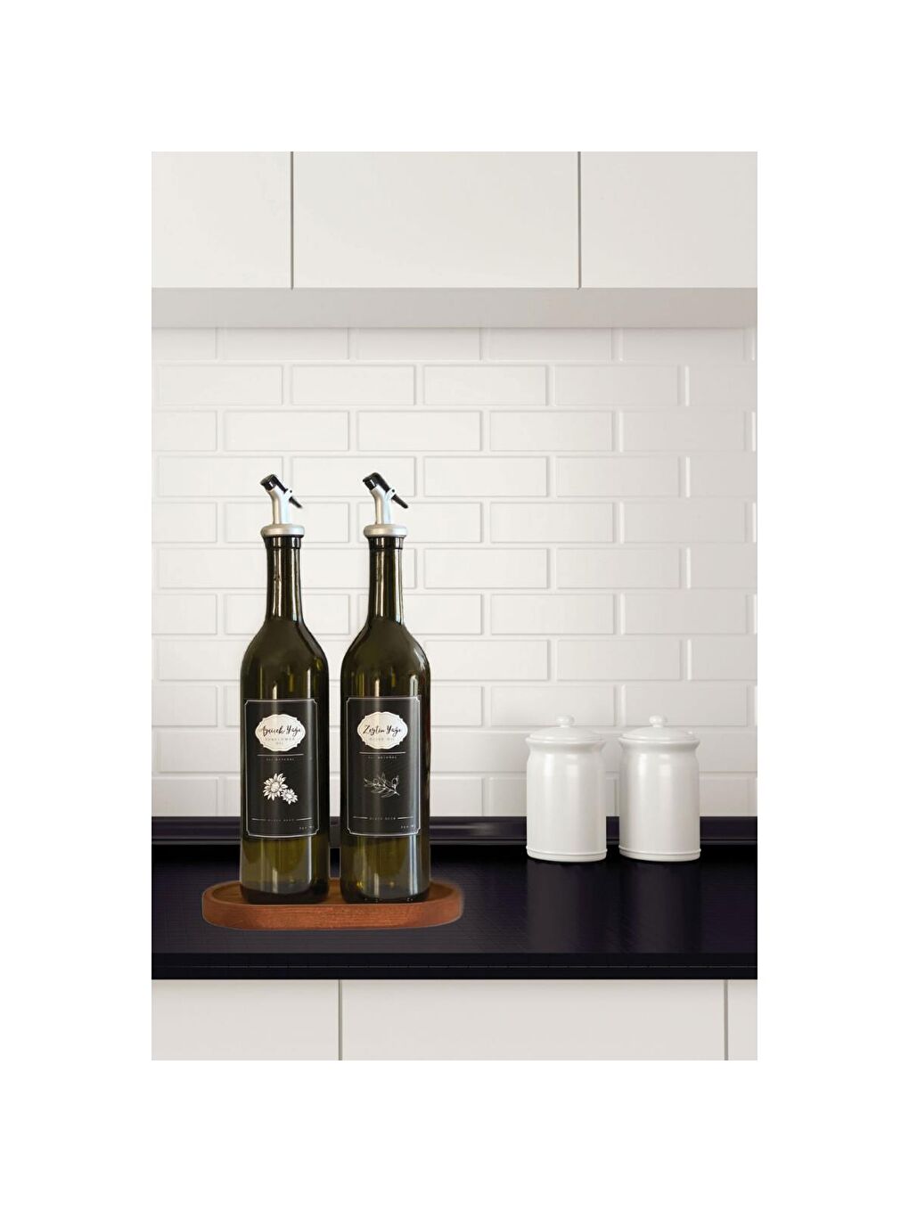 Yeşil Stantsız Amber 2'li 750 ml Zeytinyağı Sıvıyağ Şişesi Damlatmaz Yağdanlık Yağlık Siyah Etiketli-2