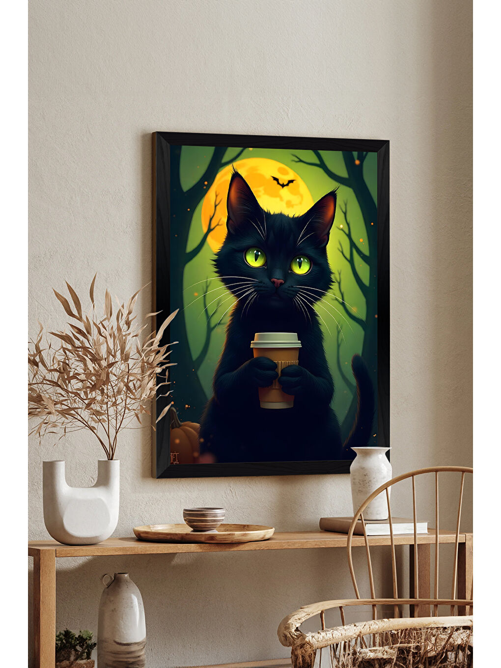 Beyaz Tek Parça Siyah Çerçeve Görünümlü Kedi Baskılı MDF 20x30 cm Tablo - Model 22