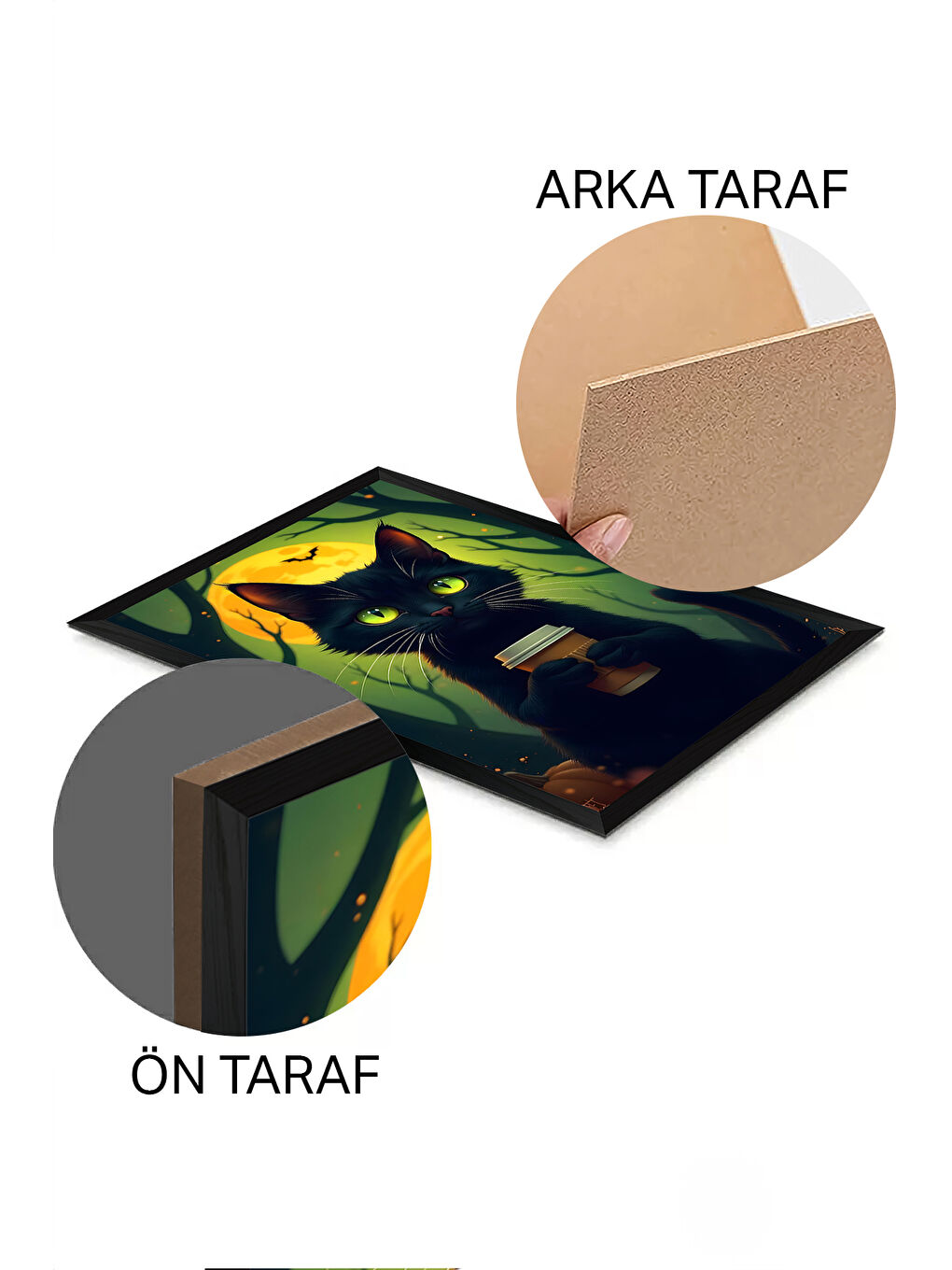 Beyaz Tek Parça Siyah Çerçeve Görünümlü Kedi Baskılı MDF 20x30 cm Tablo - Model 22-1