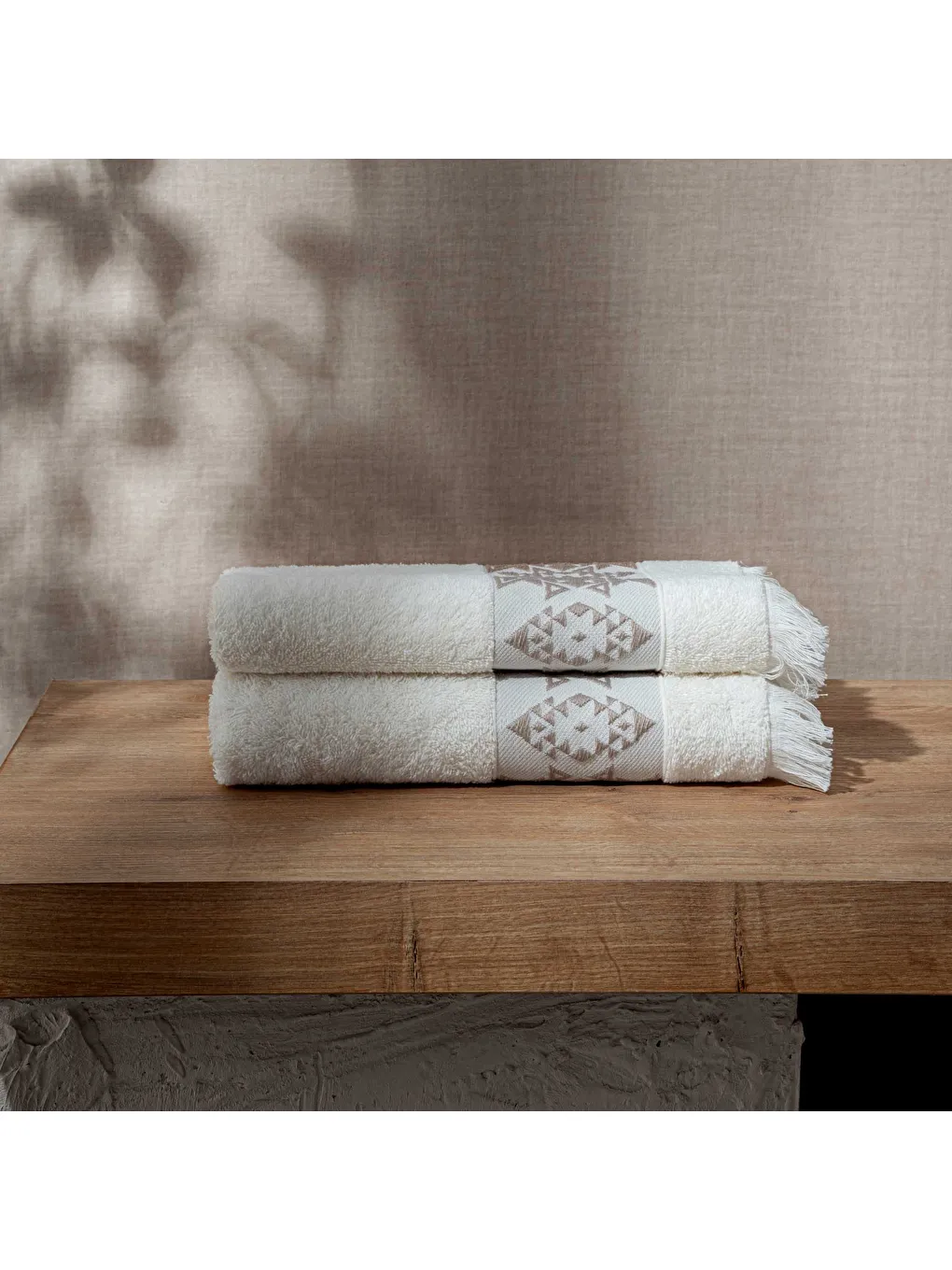 Ekru Hereke 2'li El Yüz Havlusu Seti %100 Pamuk Jakarlı Krem 50x80 Cm-1