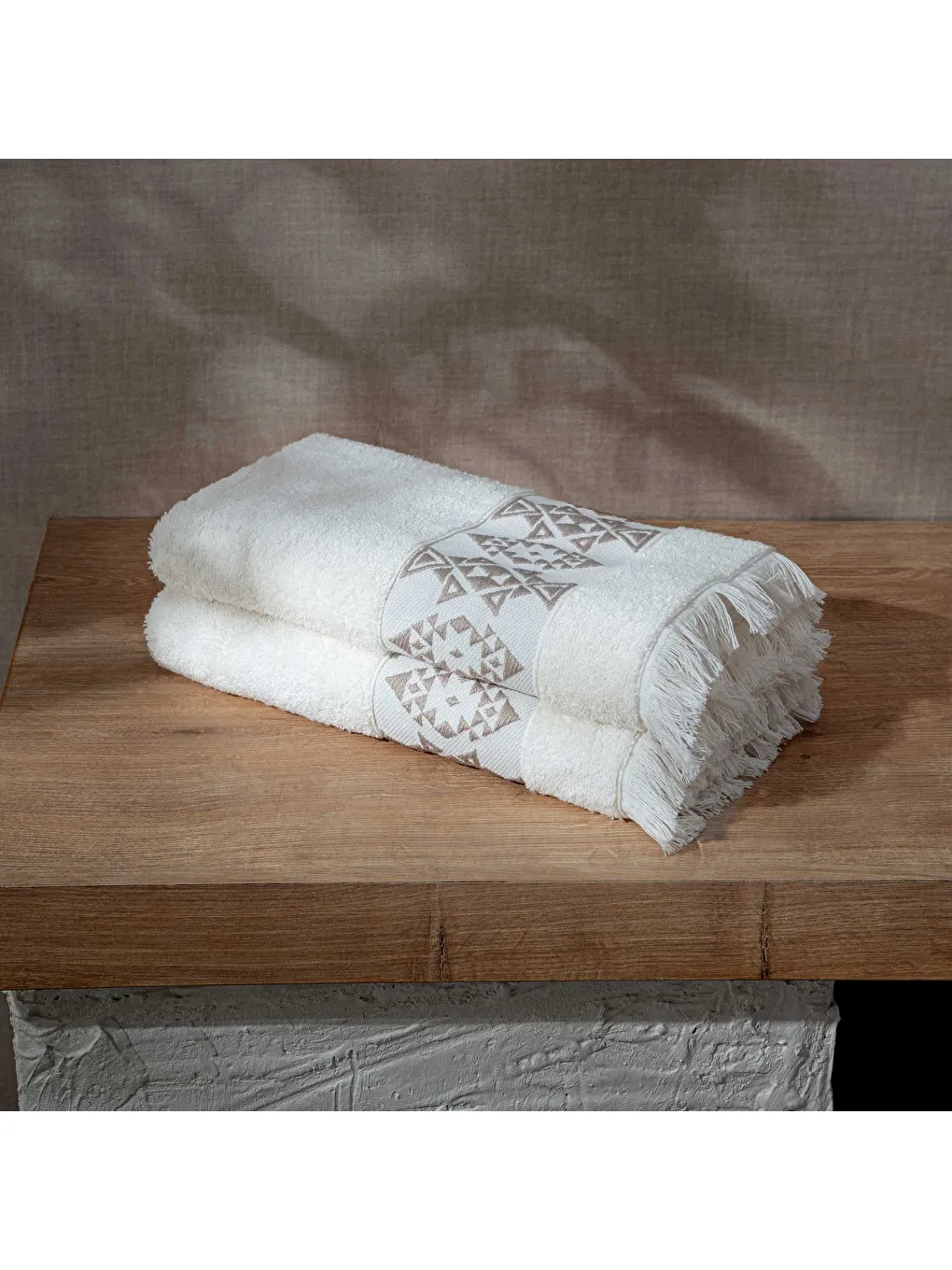 Ekru Hereke 2'li El Yüz Havlusu Seti %100 Pamuk Jakarlı Krem 50x80 Cm-2