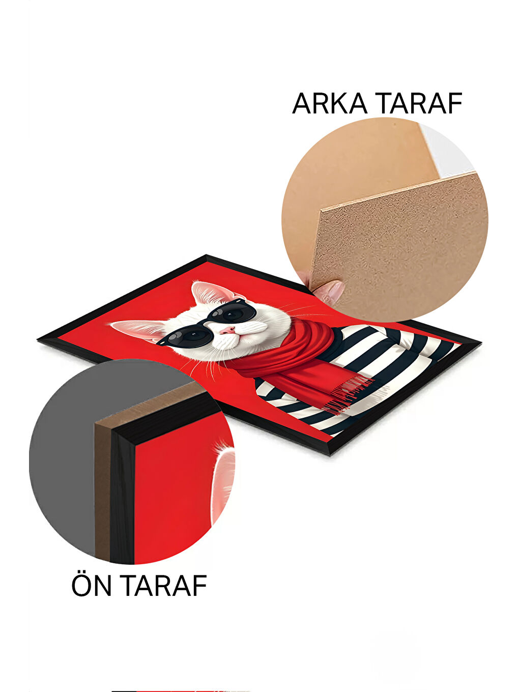 Beyaz Tek Parça Siyah Çerçeve Görünümlü Kedi Baskılı MDF 20x30 cm Tablo - Model 23-1