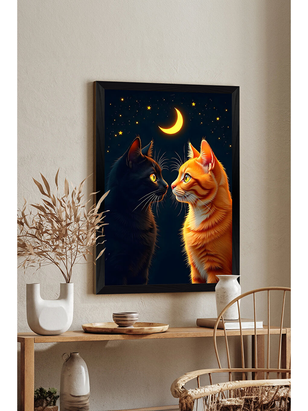 Beyaz Tek Parça Siyah Çerçeve Görünümlü Kedi Baskılı MDF 20x30 cm Tablo - Model 25