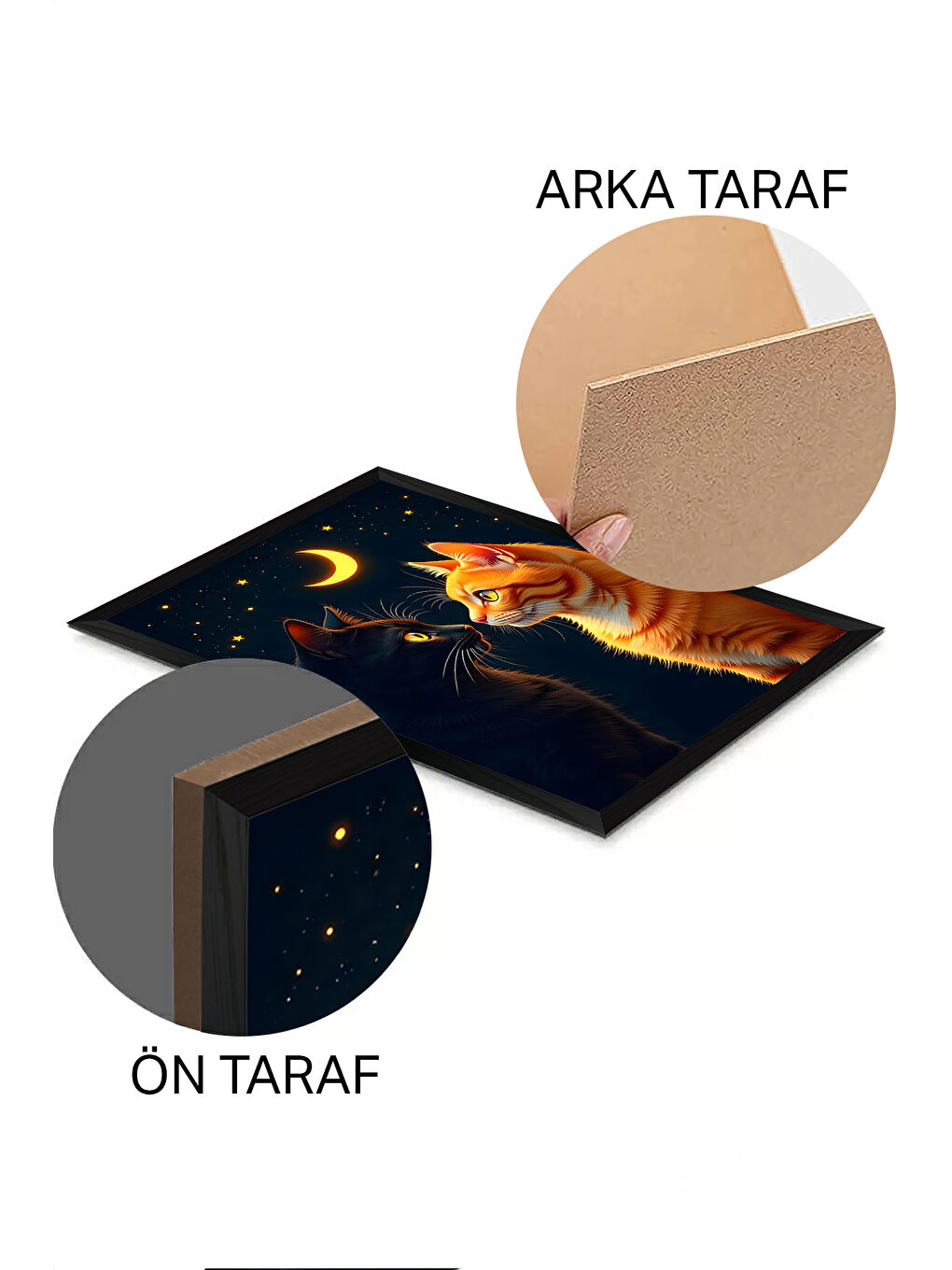 Beyaz Tek Parça Siyah Çerçeve Görünümlü Kedi Baskılı MDF 20x30 cm Tablo - Model 25-1