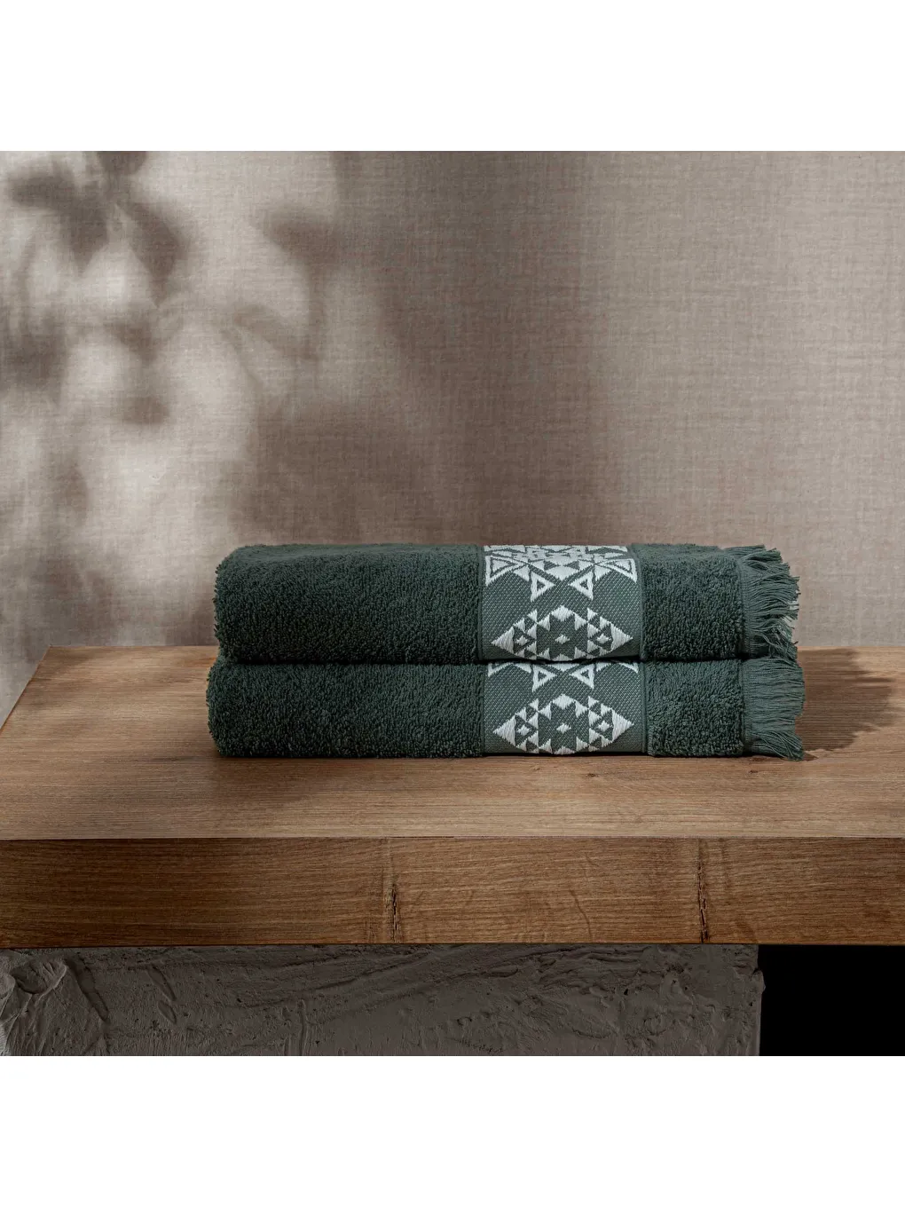 Hereke 2'li El Yüz Havlusu Seti %100 Pamuk Jakarlı Krem Bordürlü Yeşil 50x80 Cm-1