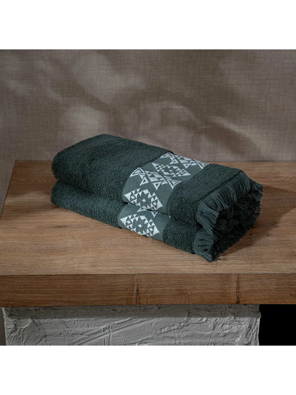 Hereke 2'li El Yüz Havlusu Seti %100 Pamuk Jakarlı Krem Bordürlü Yeşil 50x80 Cm-2