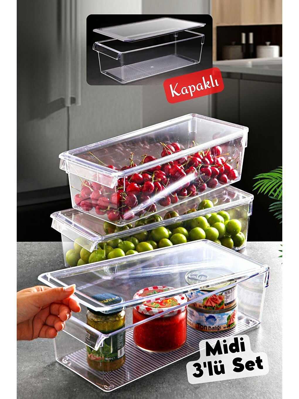 Nandy Home Şeffaf KAPAKLI MİDİ Tall Clear Buzdolabı & Dolap İçi Düzenleyici Organizer 3 Adet