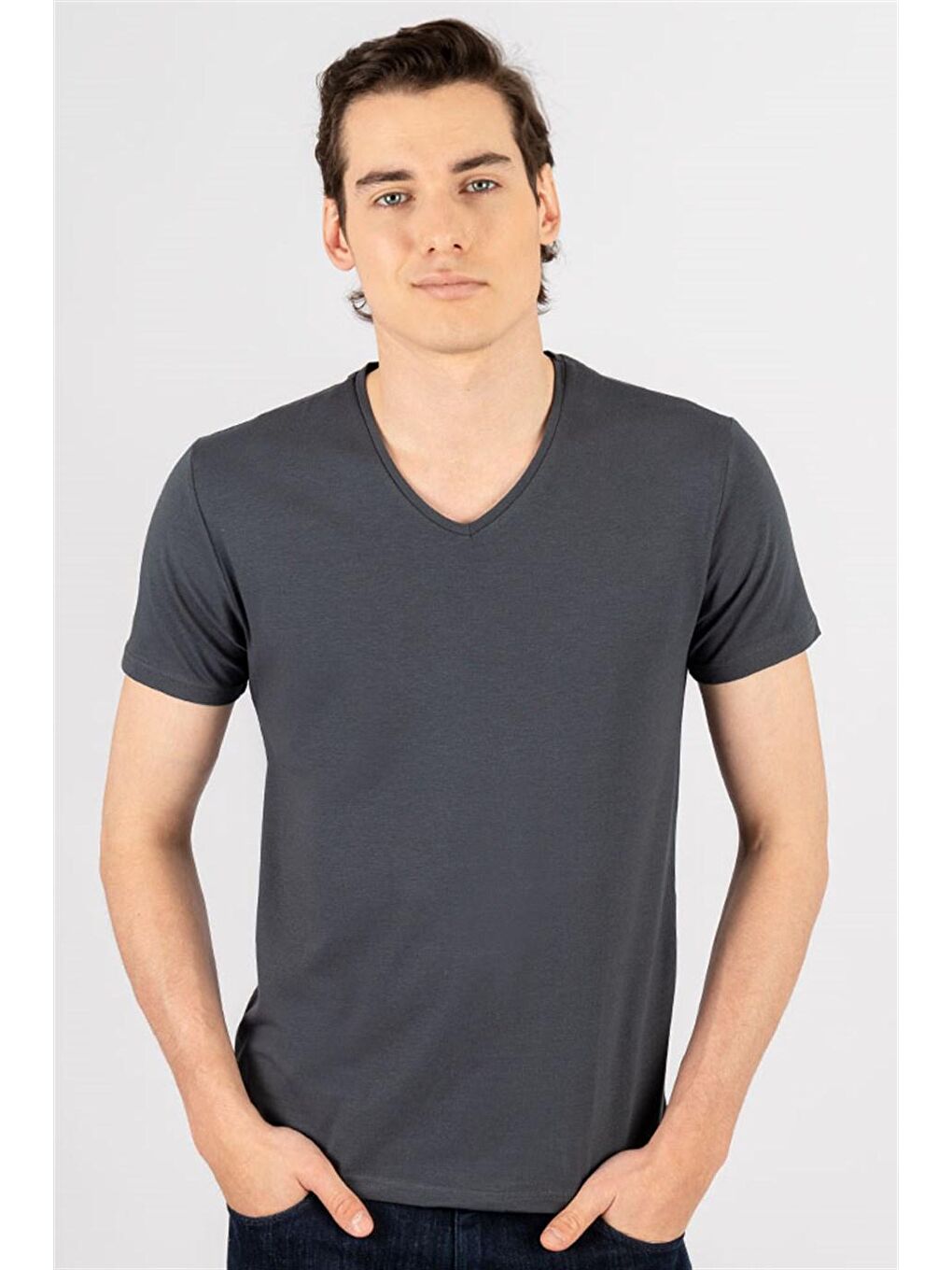 Gri Slim Fit V Yaka Düz Basıc Kısa Kol Tişört
