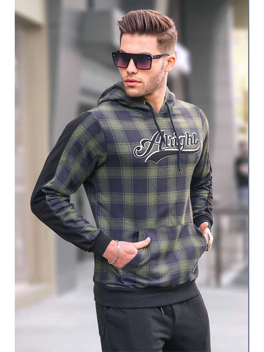 Kapüşonlu Ekoseli Erkek Hoodie Haki 2843