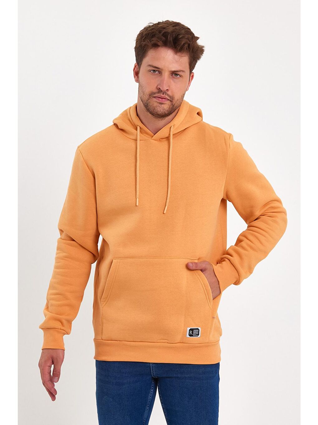 Sarı 3 İplik Şardonlu Kapüşonlu Erkek Hoodie-3