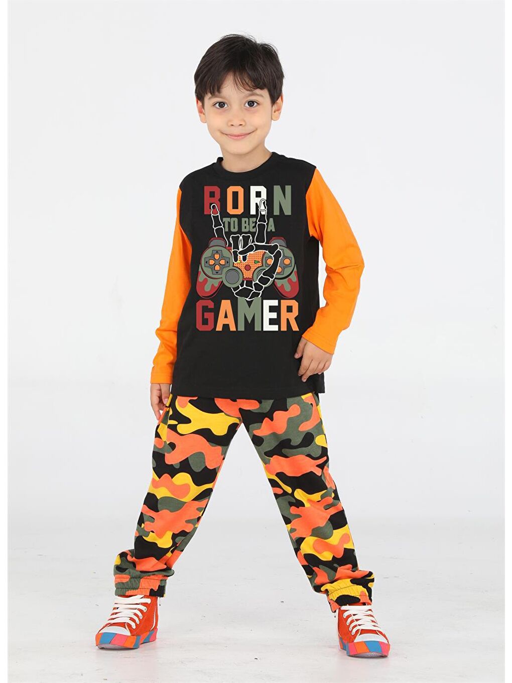 Beyaz Gamer Erkek Çocuk Kamuflaj Pantolon + Tişört Takım