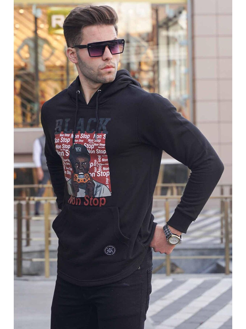 Kapüşonlu Baskılı Sweatshirt Siyah 2779