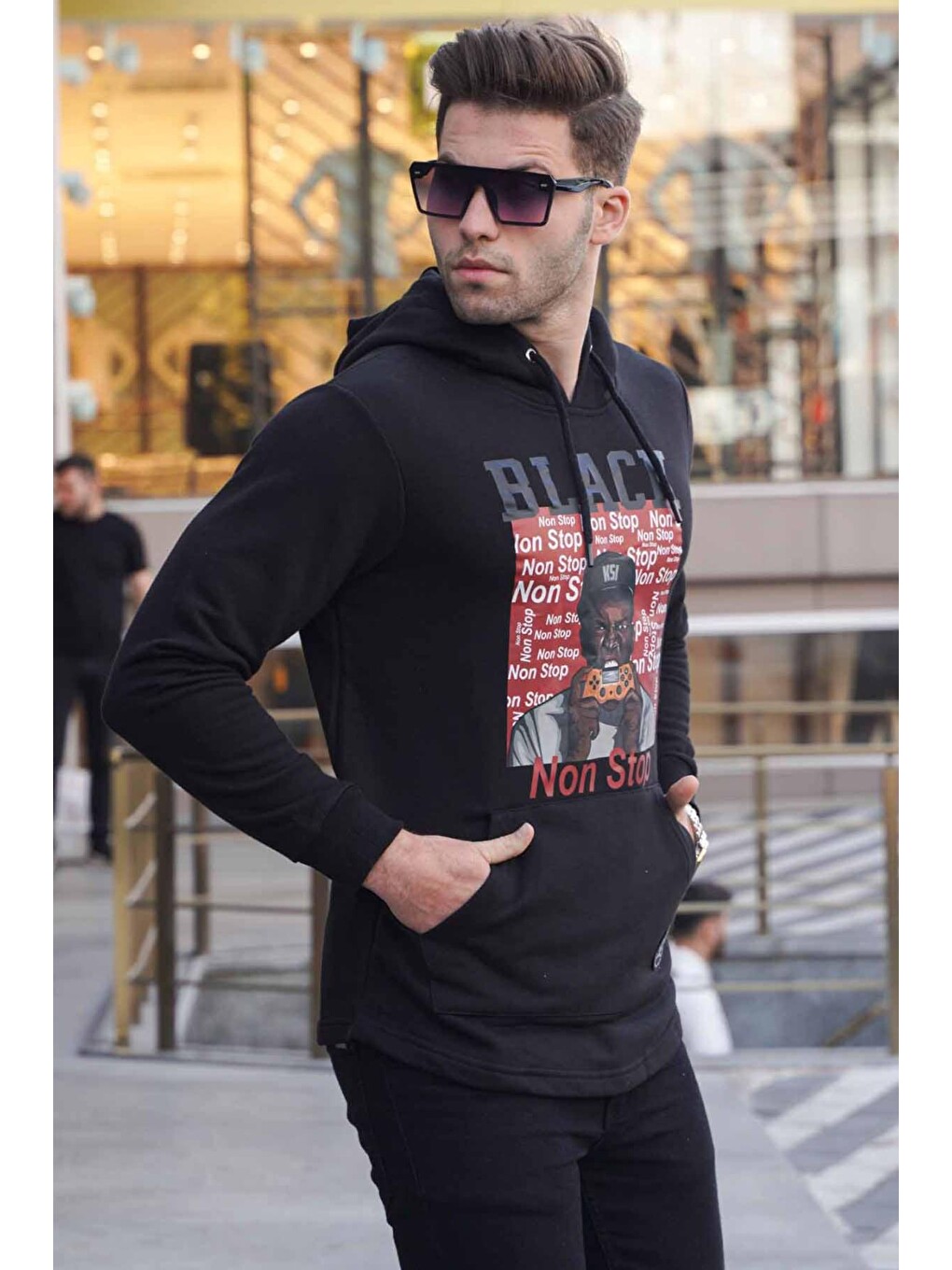 Kapüşonlu Baskılı Sweatshirt Siyah 2779-1