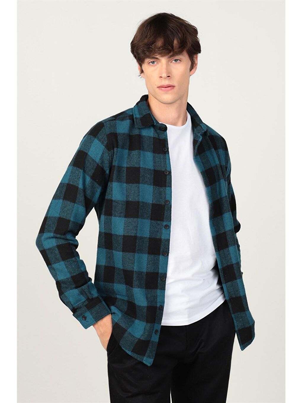 Slim Fit Kışlık Oduncu Kareli Erkek Turkuaz Gömlek