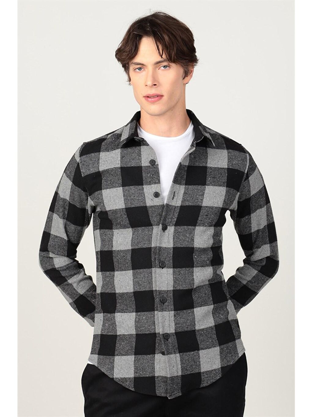 Bej Slim Fit Kışlık Kareli Oduncu Erkek Renkli Gömlek