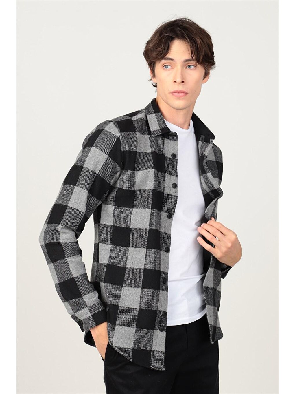 Bej Slim Fit Kışlık Kareli Oduncu Erkek Renkli Gömlek-1