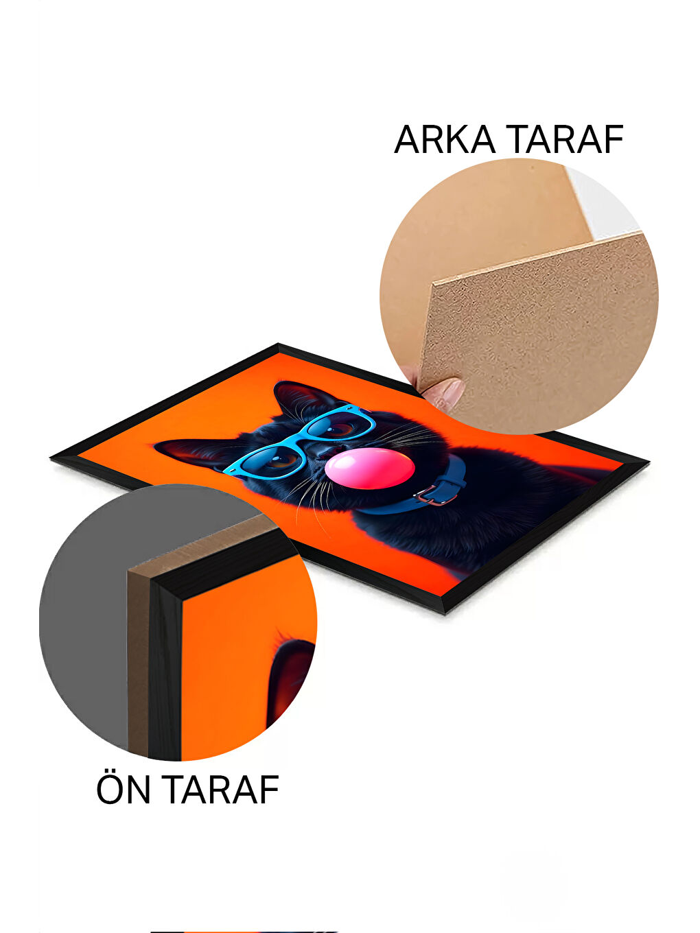Beyaz Tek Parça Siyah Çerçeve Görünümlü Kedi Baskılı MDF 48x33 cm Tablo - Model 19-1